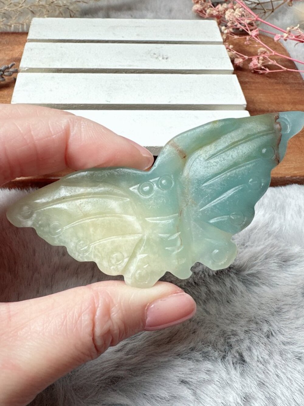 Small Lemurian Aquatine Calcite (Blue Onyx) Flat Butterfly Carving